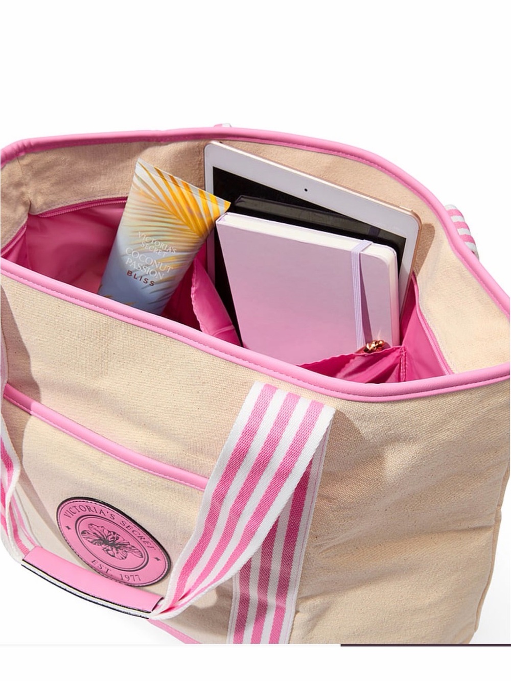 Victoria's Secret Cream Canvas Tote with Pink Trim
